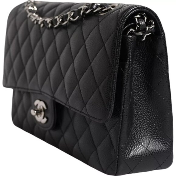 Chanel Black Caviar Medium Classic Double Flap Shoulder Quilted Silver Bag - Picture 1 of 8
